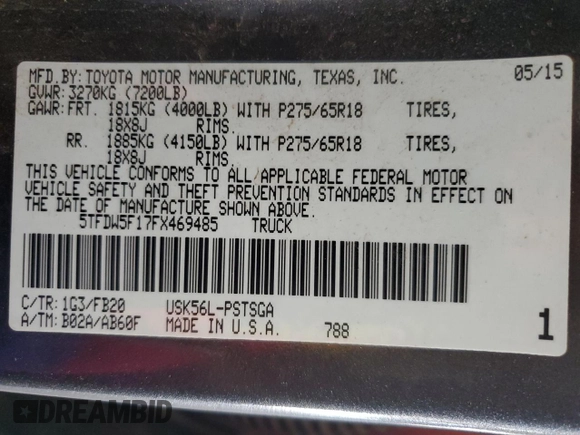 2015 Toyota Tundra SR5 z VIN 5TFDW5F17FX469485, wystawiony jako Copart lot #80274954 z przebiegiem 239 508 mil mil oraz Szkoda całkowita • Salvage title. Historia ofert i sprzedaży dostępna na DreamBid. Obrazek 12.