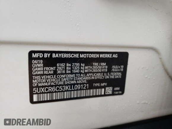 2019 BMW X5 xDrive40i with VIN 5UXCR6C53KLL09121, listed as a Copart auction lot 40555843 with 54,041 mi miles. Bid and sale history available at carsss.com. Image 12.