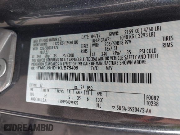 2019 Ford Escape SEL with VIN 1FMCU9HD1KUB75409, listed as a IAAI auction lot 41843350 with 91,835 mi miles. Bid and sale history available at carsss.com. Image 9.