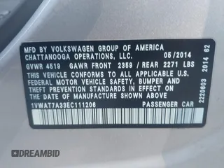 2014 Volkswagen Passat S with VIN 1VWAT7A33EC111206, listed as a IAAI auction lot 42684770 with 95,779 mi miles and . Bid and sale history available at DreamBid. Image 9.