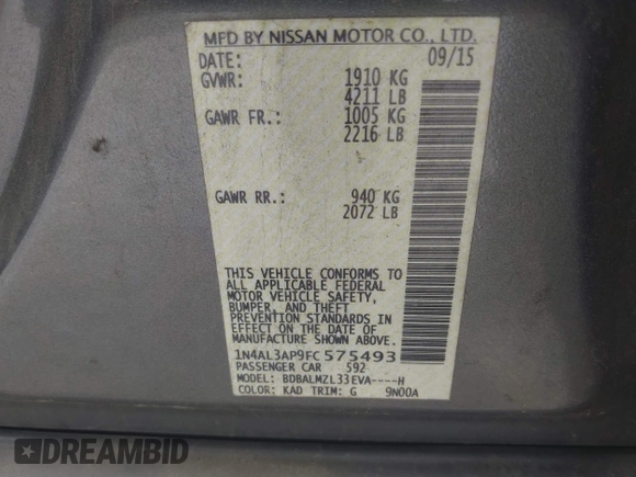 2015 Nissan Altima SV z VIN 1N4AL3AP9FC575493, wystawiony jako IAAI lot #42065104 z przebiegiem 230 291 mil mil oraz . Historia ofert i sprzedaży dostępna na DreamBid. Obrazek 9.