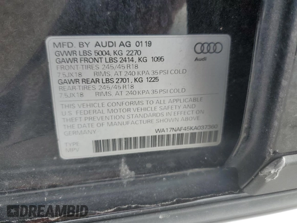 2019 Audi allroad A4 Premium with VIN WA17NAF45KA037360, listed as a Copart auction lot 41659695 with 104,237 mi miles and Non Repairable. Bid and sale history available at DreamBid. Image 14.
