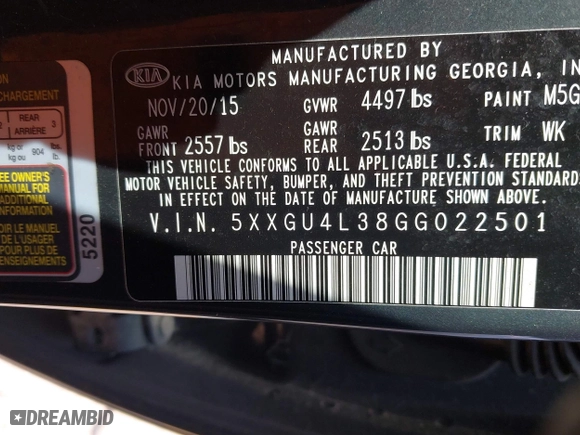 2016 Kia Optima EX with VIN 5XXGU4L38GG022501, listed as a IAAI auction lot 42071944 with 122,502 mi miles. Bid and sale history available at carsss.com. Image 9.