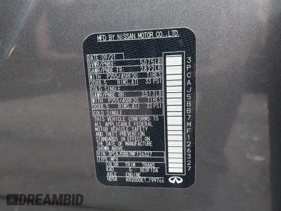 2021 Infiniti QX50 Luxe with VIN 3PCAJ5BB7MF126327, listed as a IAAI auction lot 42220680 with 42,972 mi miles and . Bid and sale history available at DreamBid. Image 9.