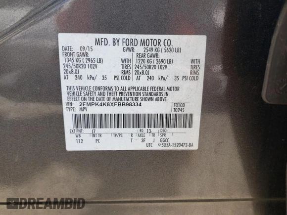 2015 Ford Edge Titanium z VIN 2FMPK4K8XFBB98334, wystawiony jako Copart lot #56953495 z przebiegiem 110 129 mil mil oraz Szkody całkowita. Historia ofert i sprzedaży dostępna na DreamBid. Obrazek 13.