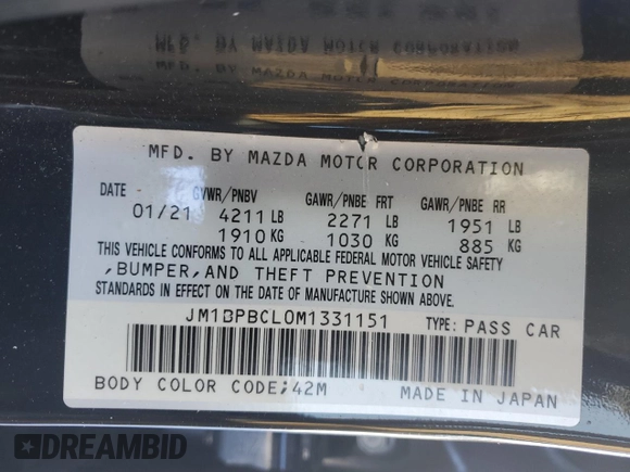 2021 Mazda 3 Preferred with VIN JM1BPBCL0M1331151, listed as a Copart auction lot 41792425 with 48,295 mi miles and Salvage Title. Bid and sale history available at DreamBid. Image 13.