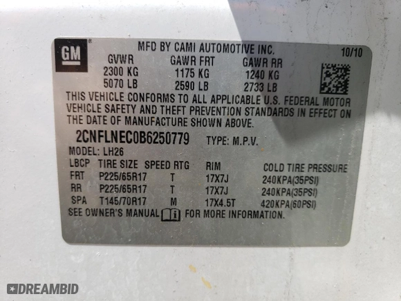 2011 Chevrolet Equinox LT w/2LT with VIN 2CNFLNEC0B6250779, listed as a Copart auction lot 50777965 with 156,978 mi miles and Non Repairable. Bid and sale history available at carsss.com. Image 13.