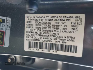 2013 Honda CR-V EX-L with VIN 2HKRM4H75DH660774, listed as a IAAI auction lot 41800719 with 166,647 mi miles. Bid and sale history available at carsss.com. Image 9.