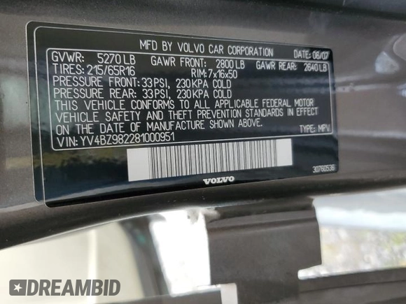 2008 Volvo XC70 z VIN YV4BZ982281000951, wystawiony jako Copart lot #54548705 z przebiegiem 231 653 mil mil oraz Szkoda całkowita • Salvage title. Historia ofert i sprzedaży dostępna na DreamBid. Obrazek 13.