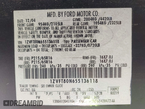 2005 Ford Mustang Deluxe with VIN 1ZVFT80N655136118, listed as a IAAI auction lot 41811969 with 104,071 mi miles. Bid and sale history available at carsss.com. Image 9.