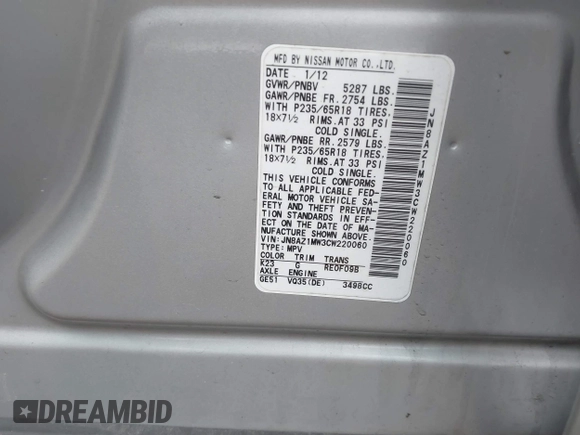 2012 Nissan Murano SL with VIN JN8AZ1MW3CW220060, listed as a IAAI auction lot 41674281 with 135,030 mi miles and . Bid and sale history available at DreamBid. Image 9.
