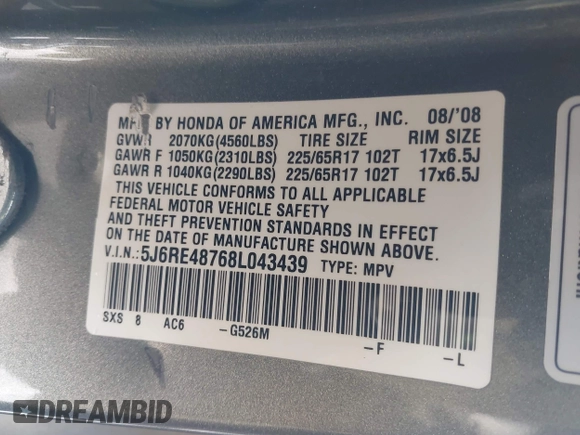 2008 Honda CR-V EX-L with VIN 5J6RE48768L043439, listed as a IAAI auction lot 41783741 with 158,715 mi miles. Bid and sale history available at carsss.com. Image 9.