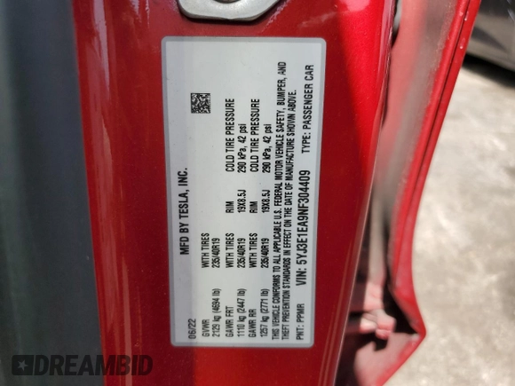 2022 Tesla Model 3 z VIN 5YJ3E1EA9NF304409, wystawiony jako Copart lot #58600755 z przebiegiem Nie podano mil oraz Szkoda całkowita • Salvage title. Historia ofert i sprzedaży dostępna na DreamBid. Obrazek 12.