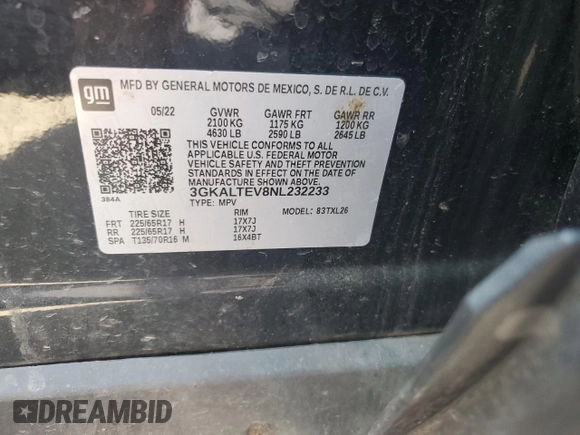 2022 GMC Terrain SLE with VIN 3GKALTEV8NL232233, listed as a Copart auction lot 61998565 with 149,291 mi miles and Clean title. Bid and sale history available at DreamBid. Image 13.