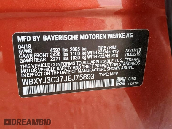 2018 BMW X2 sDrive28i with VIN WBXYJ3C37JEJ75893, listed as a Copart auction lot 62513565 with 62,029 mi miles and Salvage title. Bid and sale history available at DreamBid. Image 12.
