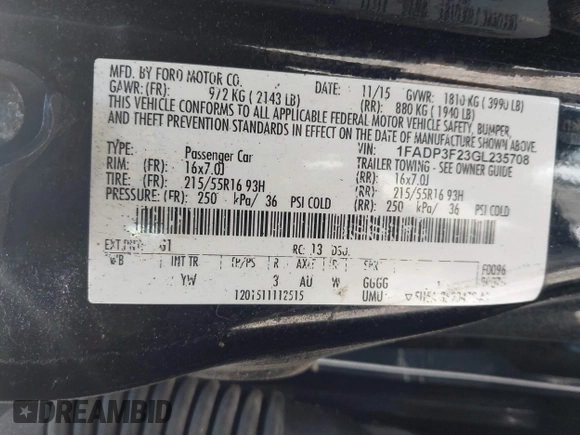 2016 Ford Focus SE with VIN 1FADP3F23GL235708, listed as a IAAI auction lot 42629556 with 139,777 mi miles and . Bid and sale history available at DreamBid. Image 9.