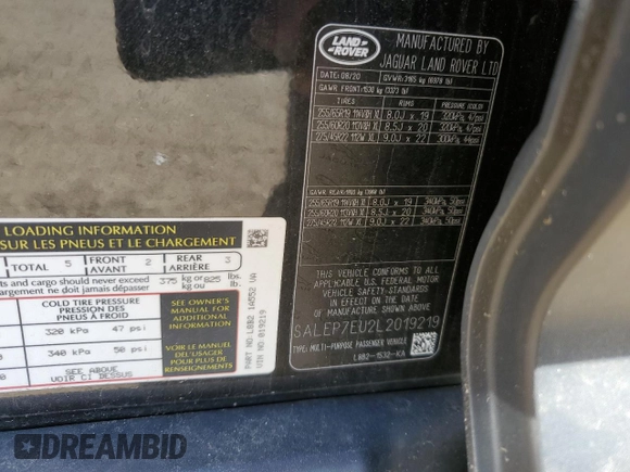 2020 Land Rover Defender SE with VIN SALEP7EU2L2019219, listed as a Copart auction lot 54398655 with 48,365 mi miles and Salvage title. Bid and sale history available at DreamBid. Image 13.