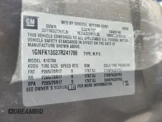 2007 Chevrolet Tahoe LT with VIN 1GNFK13027R241786, listed as a Copart auction lot 60067935 with 325,486 mi miles and Salvage title. Bid and sale history available at DreamBid. Image 13.