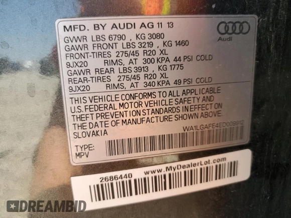 2014 Audi Q7 Premium Plus с VIN WA1LGAFE4ED009912, выставлен на аукционе Copart как лот 64220425 с пробегом 143 407 миль миль и Списание • Salvage title. История ставок и продаж доступна на DreamBid. Изображение 13.
