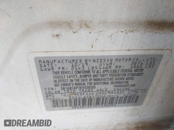 2019 Nissan Sentra SV with VIN 3N1AB7AP7KY438285, listed as a IAAI auction lot 41768030 with 78,924 mi miles and . Bid and sale history available at DreamBid. Image 9.