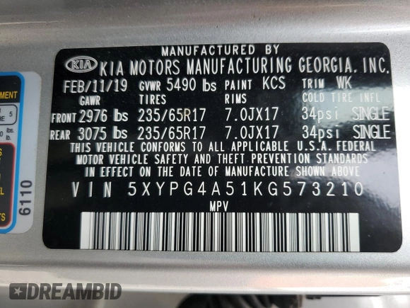 2019 Kia Sorento S with VIN 5XYPG4A51KG573210, listed as a Copart auction lot 49276015 with 100,989 mi miles and Salvage Title. Bid and sale history available at carsss.com. Image 13.