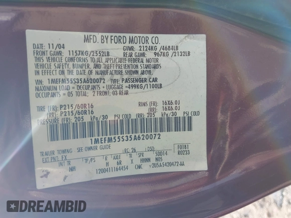 2005 Mercury Sable LS with VIN 1MEFM55S35A620072, listed as a IAAI auction lot 42760116 with 137,297 mi miles and . Bid and sale history available at DreamBid. Image 9.