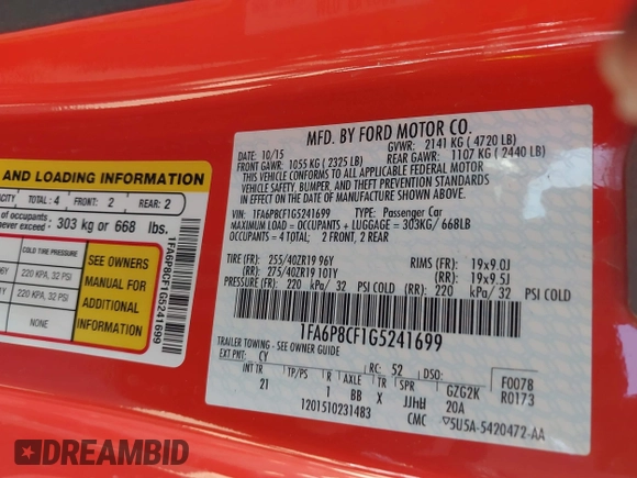 2016 Ford Mustang GT with VIN 1FA6P8CF1G5241699, listed as a IAAI auction lot 41747743 with 95,577 mi miles. Bid and sale history available at carsss.com. Image 9.