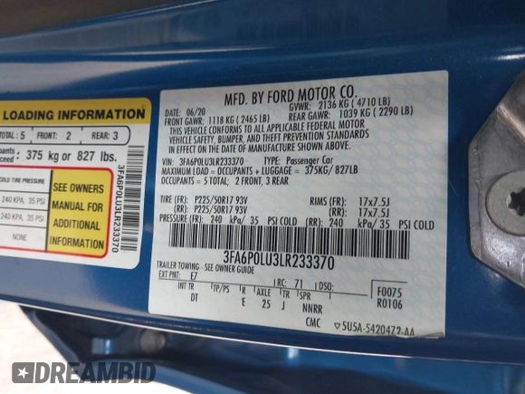 2020 Ford Fusion SE with VIN 3FA6P0LU3LR233370, listed as a IAAI auction lot 42221789 with 70,771 mi miles and . Bid and sale history available at DreamBid. Image 9.