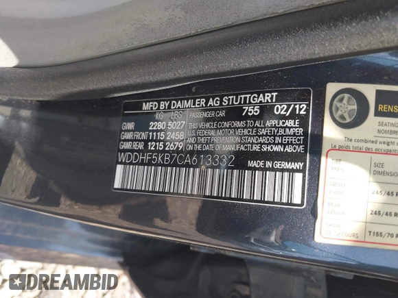 2012 Mercedes-Benz E 350 Luxury with VIN WDDHF5KB7CA613332, listed as a IAAI auction lot 42549840 with Not provided miles and . Bid and sale history available at DreamBid. Image 9.