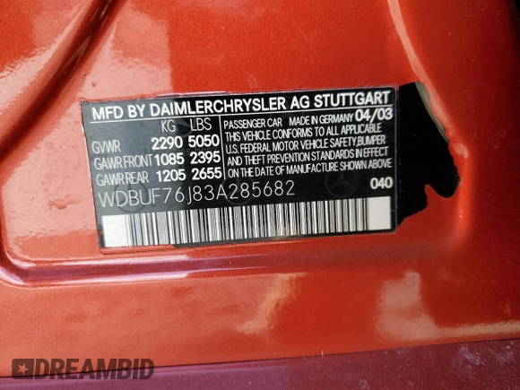 2003 Mercedes-Benz E-Class 5.5L AMG with VIN WDBUF76J83A285682, listed as a Copart auction lot 45275755 with 138,419 mi miles and Salvage Title. Bid and sale history available at carsss.com. Image 12.