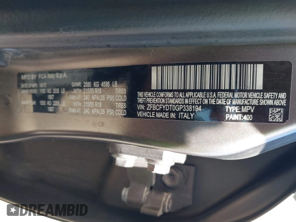 2016 FIAT 500X Lounge with VIN ZFBCFYDT0GP338194, listed as a IAAI auction lot 42286585 with Not provided miles and . Bid and sale history available at DreamBid. Image 9.