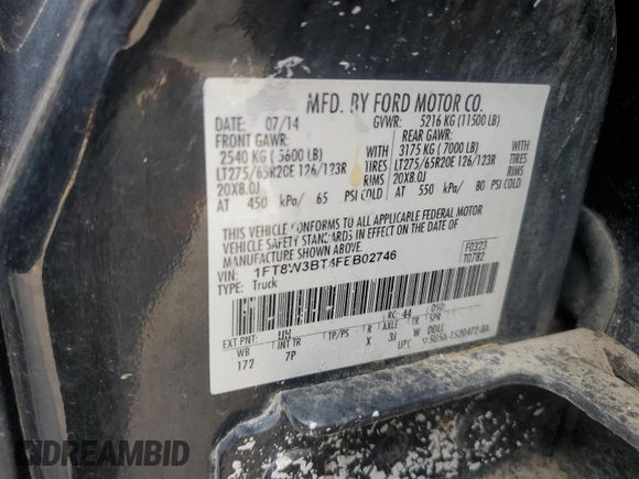2015 Ford F-350 Platinum with VIN 1FT8W3BT4FEB02746, listed as a Copart auction lot 62099025 with 193,636 mi miles and Salvage title. Bid and sale history available at DreamBid. Image 12.