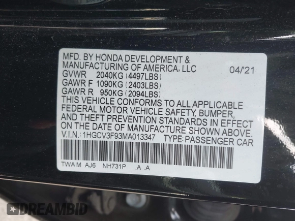 2021 Honda Accord Touring with VIN 1HGCV3F93MA013347, listed as a IAAI auction lot 40969718 with 89,176 mi miles and . Bid and sale history available at DreamBid. Image 9.