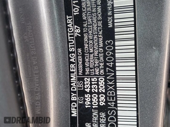 2019 Mercedes-Benz CLA 250 with VIN WDDSJ4EBXKN740903, listed as a Copart auction lot 40027804 with Not Provided miles and . Bid and sale history available at DreamBid. Image 13.