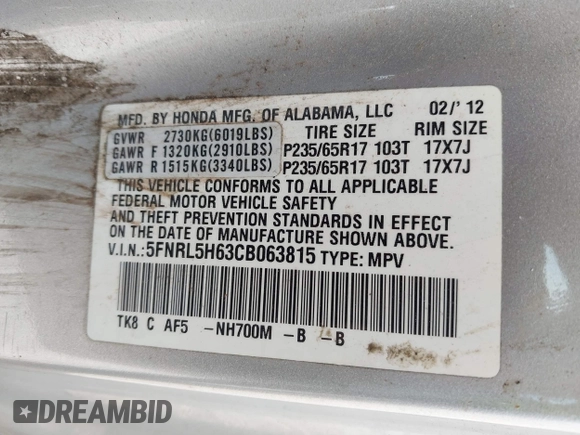 2012 Honda Odyssey EX-L with VIN 5FNRL5H63CB063815, listed as a IAAI auction lot 42302937 with 377,768 mi miles and . Bid and sale history available at DreamBid. Image 9.