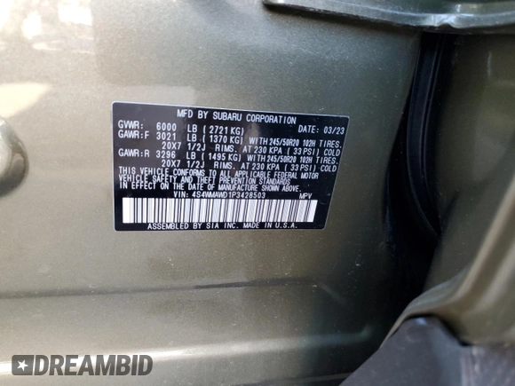 2023 Subaru Ascent Touring with VIN 4S4WMAWD1P3428503, listed as a Copart auction lot 48460355 with 37,092 mi miles and Salvage title. Bid and sale history available at DreamBid. Image 14.