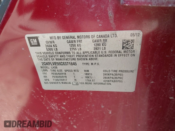 2012 GMC Terrain SLT-1 with VIN 2GKFLVE56C6371845, listed as a IAAI auction lot 41810802 with 98,760 mi miles. Bid and sale history available at carsss.com. Image 9.