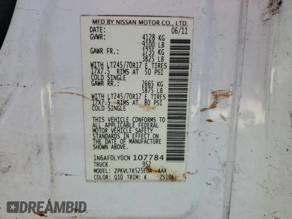2012 Nissan NV S with VIN 1N6AF0LY0CN107784, listed as a Copart auction lot 77251114 with Not provided miles and Salvage title. Bid and sale history available at DreamBid. Image 14.