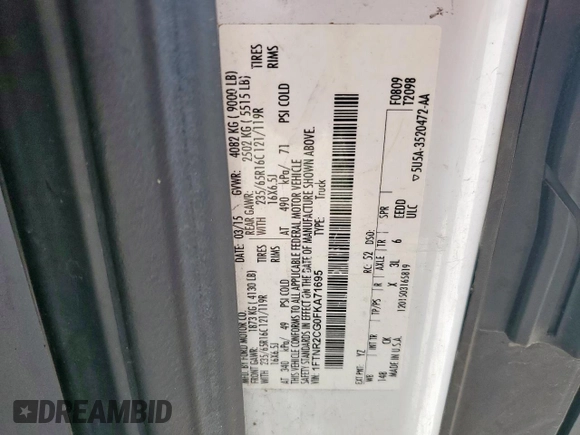 2015 Ford Transit Cargo with VIN 1FTNR2CG0FKA71695, listed as a Copart auction lot 57117985 with 149,901 mi miles and Salvage title. Bid and sale history available at DreamBid. Image 13.