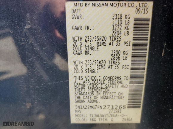 2015 Nissan Murano SL with VIN 5N1AZ2MG7FN271268, listed as a Copart auction lot 48418085 with 219,233 mi miles and Salvage Title. Bid and sale history available at carsss.com. Image 13.