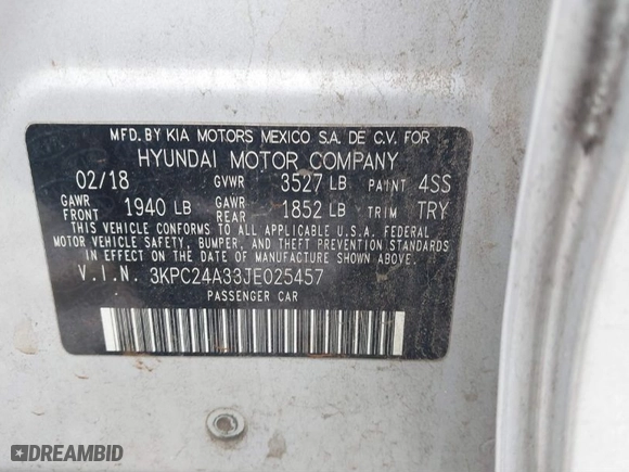 2018 Hyundai Accent SE with VIN 3KPC24A33JE025457, listed as a IAAI auction lot 41636759 with NaN miles. Bid and sale history available at carsss.com. Image 9.