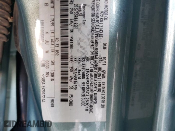 2012 Ford Focus SE with VIN 1FAHP3F23CL263018, listed as a Copart auction lot 55975335 with 167,823 mi miles and Salvage title. Bid and sale history available at DreamBid. Image 12.