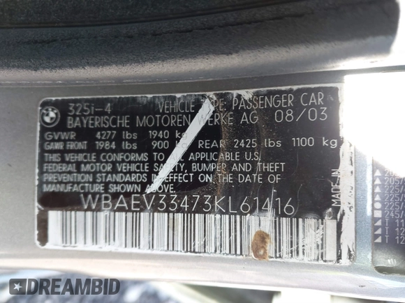 2003 BMW 3 Series 325i with VIN WBAEV33473KL61416, listed as a IAAI auction lot 41624573 with 288,961 mi miles and . Bid and sale history available at DreamBid. Image 9.