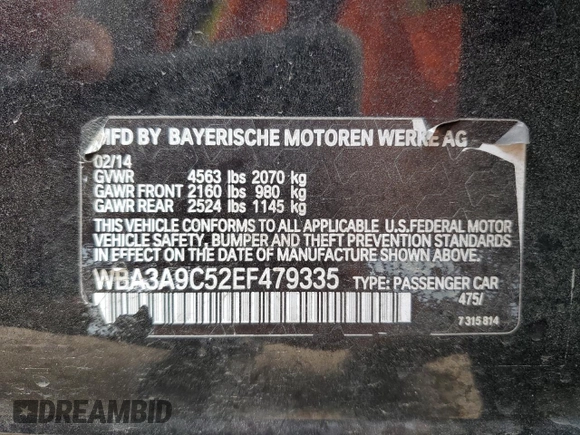 2014 BMW 3 Series 335i with VIN WBA3A9C52EF479335, listed as a Copart auction lot 47108015 with 95,745 mi miles and Salvage Title. Bid and sale history available at carsss.com. Image 12.