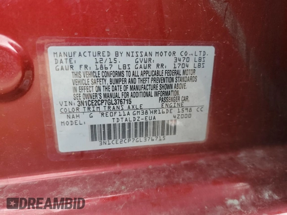 2016 Nissan Note SV with VIN 3N1CE2CP7GL376715, listed as a Copart auction lot 51152305 with 24,870 mi miles and Salvage Title. Bid and sale history available at DreamBid. Image 13.