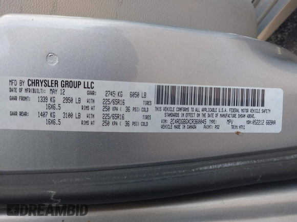 2012 Dodge Grand Caravan SE with VIN 2C4RDGBGXCR360045, listed as a IAAI auction lot 42068008 with 146,907 mi miles and . Bid and sale history available at DreamBid. Image 9.
