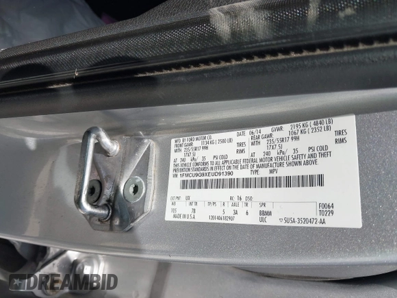 2014 Ford Escape SE with VIN 1FMCU9G9XEUD91390, listed as a IAAI auction lot 42561849 with 319,400 mi miles and . Bid and sale history available at DreamBid. Image 9.