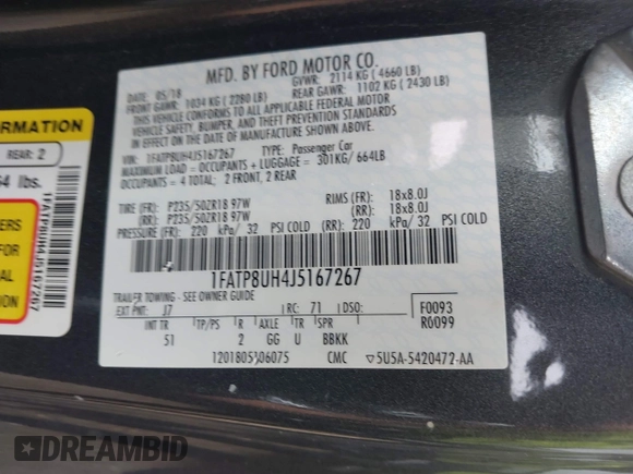 2018 Ford Mustang EcoBoost Premium with VIN 1FATP8UH4J5167267, listed as a IAAI auction lot 42554885 with 136,967 mi miles and . Bid and sale history available at DreamBid. Image 9.