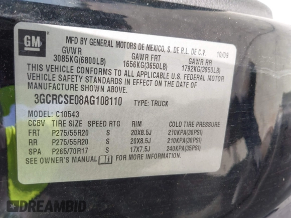 2010 Chevrolet Silverado 1500 LT with VIN 3GCRCSE08AG108110, listed as a IAAI auction lot 42011464 with 177,771 mi miles and . Bid and sale history available at DreamBid. Image 9.