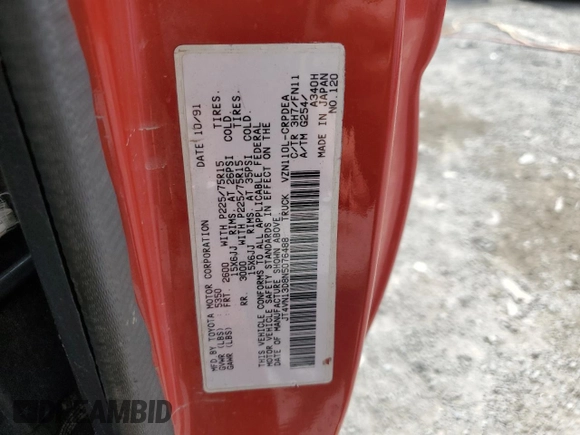 1992 Toyota Pickup DLX с VIN JT4VN13D8N5076488, выставлен на аукционе Copart как лот 51291185 с пробегом 171 767 миль миль и Чистый • Clean title. История ставок и продаж доступна на DreamBid. Изображение 12.